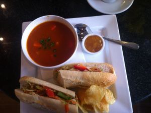 Soup and baguette combo at Greens Cafe in Grasmere