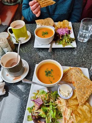Vegan cheese and tomato toasties, lentil soup, salad with vegan coleslaw, crisps and oat hot chocolate! at Greens Cafe in Grasmere