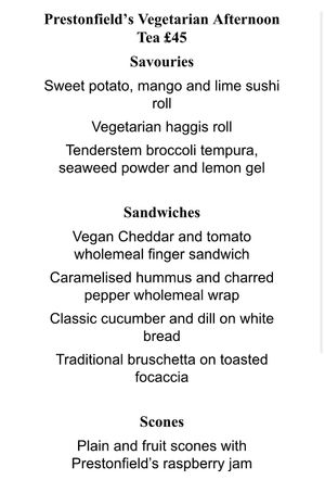 Vegetarian afternoon tea menu (1/2) at Rhubarb in Edinburgh