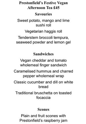 Vegan afternoon tea menu (1/2) at Rhubarb in Edinburgh