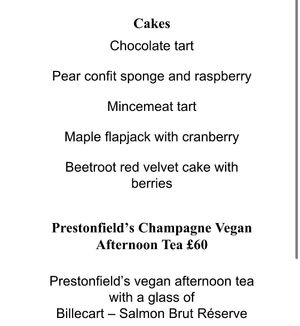Vegan afternoon tea menu (2/2) at Rhubarb in Edinburgh