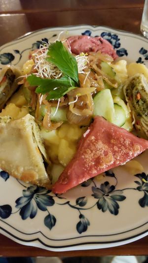 Vegan Maultaschen with a potato and cucumber salad at Herrenkeller in Ulm