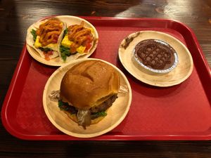 Crispy tofu tacos, Libertine burger, and cheesecake at Algorithm in Philadelphia