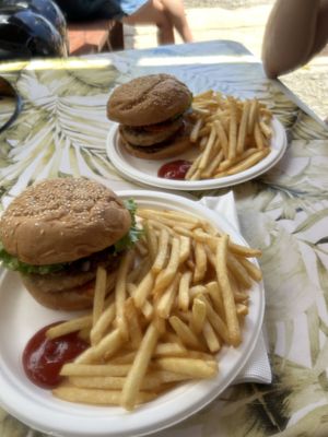 Vegetable patty burgers (coleslaw was replaced with sweet chili sauce, as it contains egg and staff asked me about changing it)  at Tiki Ma'a in Moorea