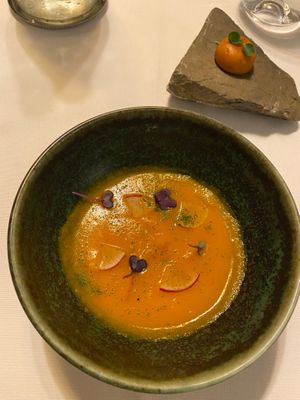 Extra starter (gratis). Delicious soup and a “tomato” that was really a chickpea dish!

 at Cuculia in Florence