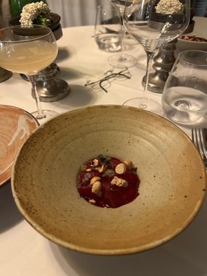 Salad with beet carpaccio, hazelnut nuts, green apple and celeryy  at Cuculia in Florence
