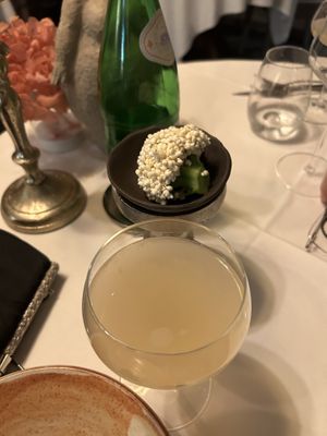 Kombucha and broccoli with miso and puffed millett  at Cuculia in Florence