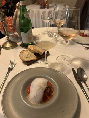 Tomato stuffed with eggplant mixture and ? Foam.  at Cuculia in Florence