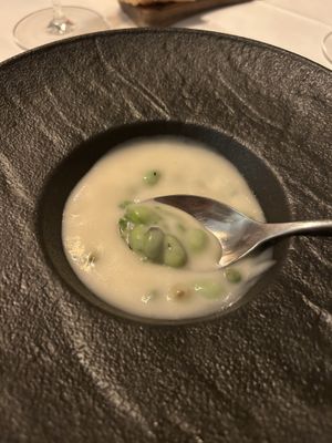 BBQd edamame and onion soupp  at Cuculia in Florence