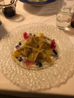 Walnut flour ravioli, pear, potatoe at Cuculia in Florence