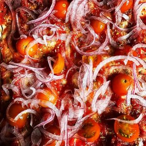 Vegan pizza with summer sun golds and sweet red onion...  from Little Big Farm!

A special pizza for our bride. at The Mark Restaurant in Olympia