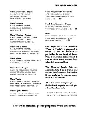 Menu sample at The Mark Restaurant in Olympia