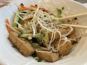 Vermicelli noodle bowl with fried tofu (half eaten before I remembered to take the photo)  at Pho 92 DIA in Denver