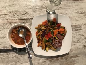 Soup of the day and spicy eggplant (gluten-free) at Vegetarian Haven in Toronto