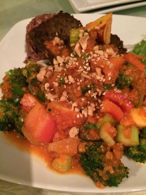 Seitan with Purple Rice and Vegetables at Vegetarian Haven in Toronto