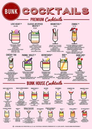 Cocktail menu as of Dec 2022 at Bunk in Wolverhampton