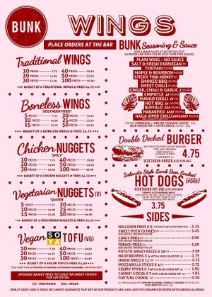 Wings menu as of Dec 2022 at Bunk in Wolverhampton