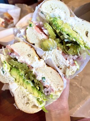 Plain bagel with vegan scallion cream cheese and ALL the veggies 🤤  at Shug's Bagels in Dallas