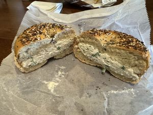 Everything bagel with scallion vegan cream cheese  at Shug's Bagels in Dallas