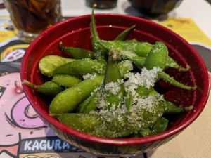 Too salty, raw inside edamame at Ramen Kagura - Avenida de América in Madrid