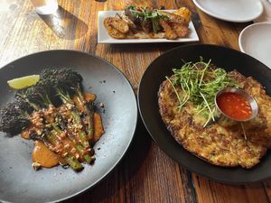 Korean Vegetable Pancake, patatas bravas, and Broccolini with Gochujang  at Blackback Pub in Waterbury