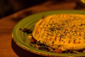 The Tofu Sador, with spinach, mushrooms, onions. at Salterio in Barcelona