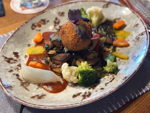 Quinoa Knödel mit Preiselbeer Füllung, Gemüse und Pesto  at Landgasthof Bergblick in Bernau Im Schwarzwald