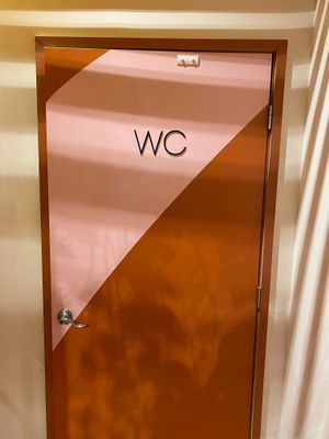 Ice cream painted bathroom door  at Culture Cream in Hudson