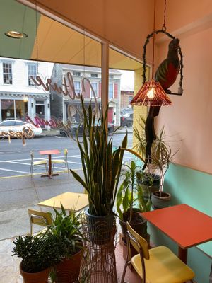 Indoor seating area with plants and a giant art parrot hanging from the ceiling  at Culture Cream in Hudson