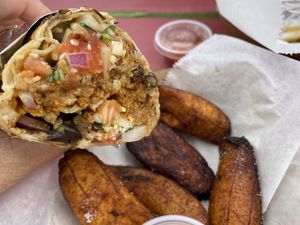 Lentil Chorizo Burrito and Plantanos Majuros at The Grey Eagle Taqueria in Asheville