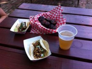 chorizo and tempeh tacos and plantains without sauce (vegan) at The Grey Eagle Taqueria in Asheville