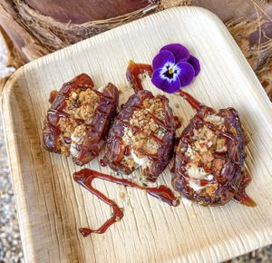 Divine Dates - Jumbo Medjool Dates stuffed w/ Coconut Manna, Crushed Mulberries, Hemp Hearts, and Celtic Sea Salt. Reishi Date Nectar Drizzle  at Erawtica Loving Foods in Miami
