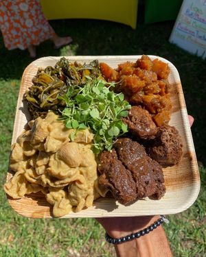 Soulmate Plate - Soul Food Platter (BBQ Lion’s Mane, Chickpea Mac N Cheese, Butternut Squash Yams, Callaloo Southern Greens, Arugula Microgreens)  at Erawtica Loving Foods in Miami
