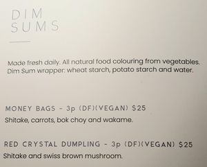 vegan dim sum menu at Luna Lu in Sydney