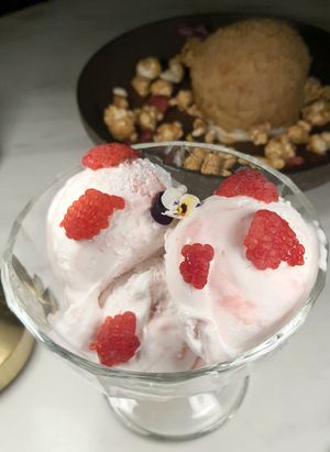 coconut milk lychee icecream with raspberries at Luna Lu in Sydney