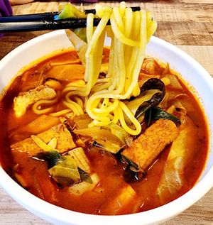 Vegan Seafood Spicy Noodle Soup at Lan's Kitchen in Jeju
