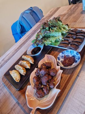 Dumplings, Lemon Gras chicken, Skewers at Lan's Kitchen in Jeju