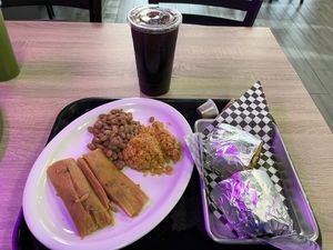 Tamales w/ Rice & Beans; Cali Burrito; Jamaica Agua Fresca #Veganuary at Viva Vegan Diner in Upland