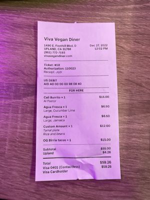Receipt #Veganuary at Viva Vegan Diner in Upland
