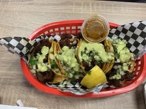 Taco trio with jackfruit birria  at Viva Vegan Diner in Upland
