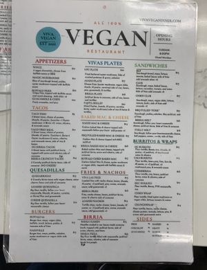 Restaurant menu  at Viva Vegan Diner in Upland