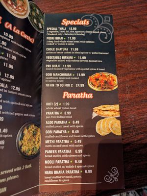 Menu, green leaf = vegan at Chaat Paradise in Folsom