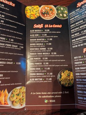 Menu, green leaf = vegan at Chaat Paradise in Folsom