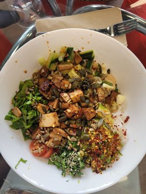 Buddha bowl with tofu, quinoa, kale, avocado, tomato.. I forget the rest! at Mama Earth Restaurant - Pop Up in Solihull