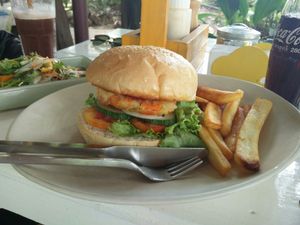 Veggie burger, with vegan glass noodle salad in background     at Drunken Sailors in Koh Lanta