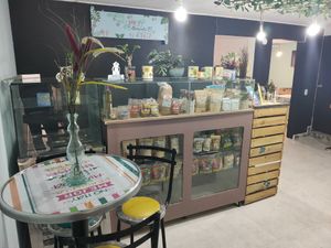 Counter with chocolate, grains, breads and seeds at A la Antigua in Bogota