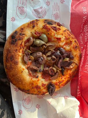 Olive pizzetta  at As Kneaded Bakery in San Leandro