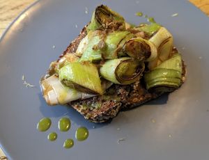 Cooked leeks on rye at Remedy Coffee Shop in York