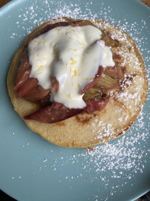 Pancakes with seasonal fruit (rhubarb) and yoghurt  at Remedy Coffee Shop in York