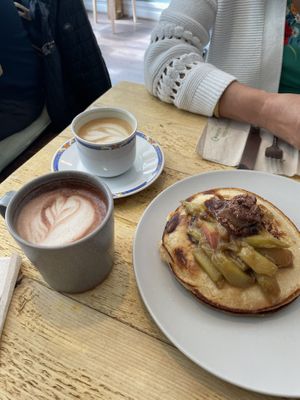 Pancakes with fresh rhubarb and chocolate butter (so yummy!!)   at Remedy Coffee Shop in York